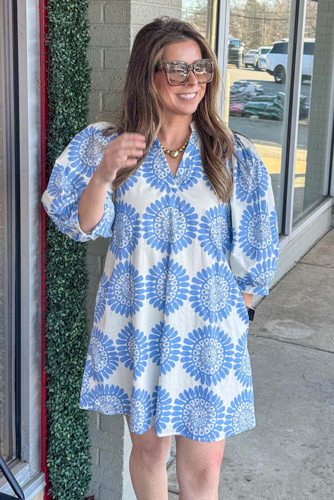 Entro Blue Patterned Dress Puff Sleeves