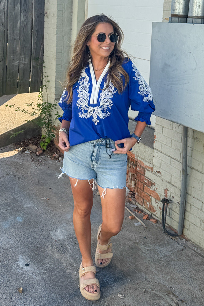 Entro blue and white printed top