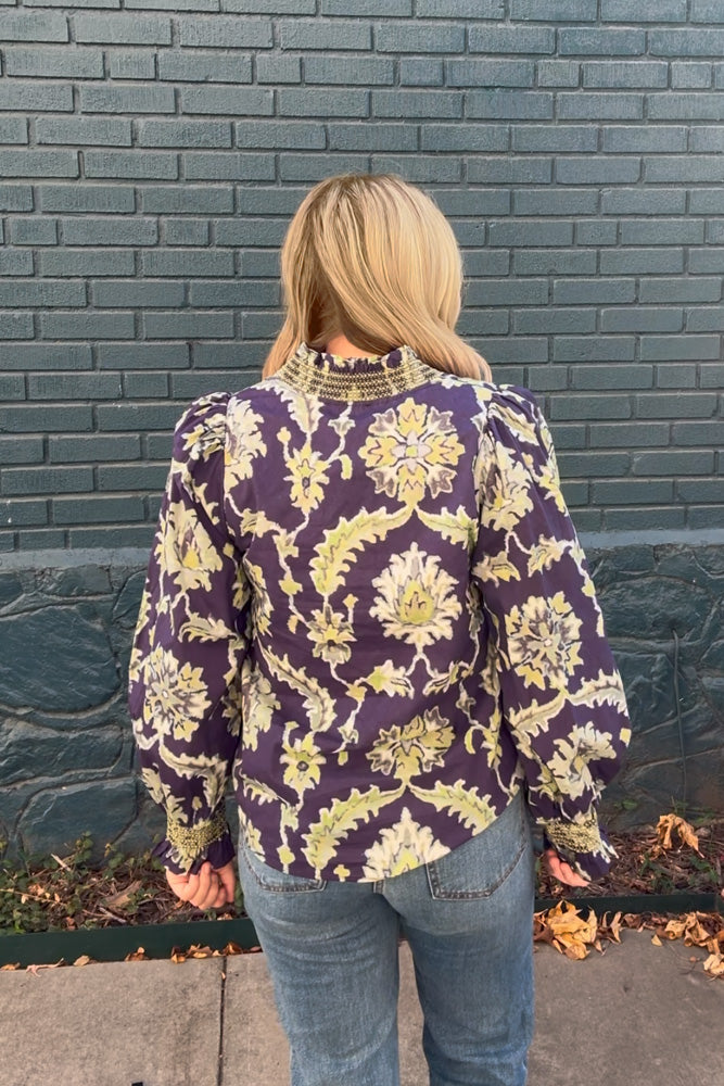 Entro Navy Leaf Top with green trim back