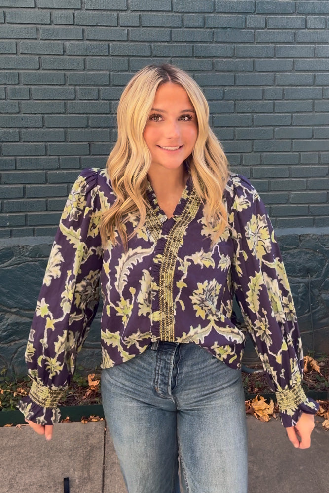 Entro Navy Leaf Top with green trim v-neck