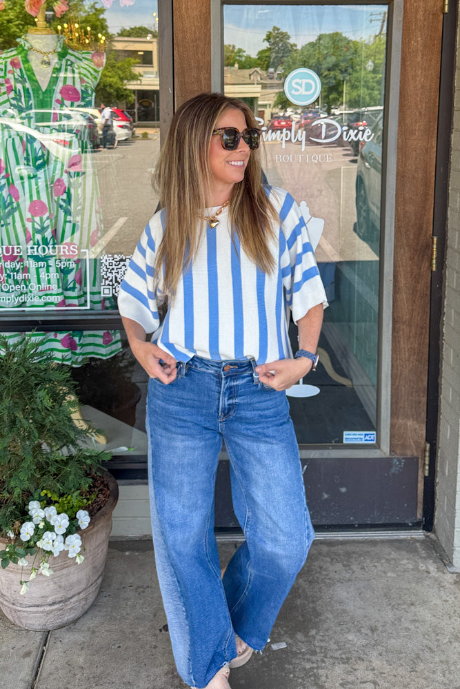 Beachy Keen Striped Dolman Sleeve Top-Blue
