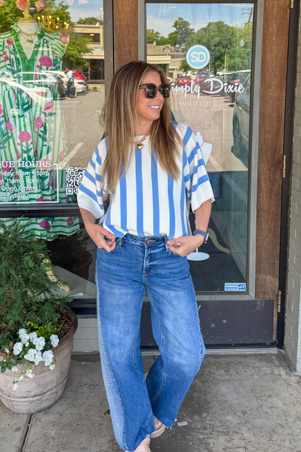 Beachy Keen Striped Dolman Sleeve Top-Blue