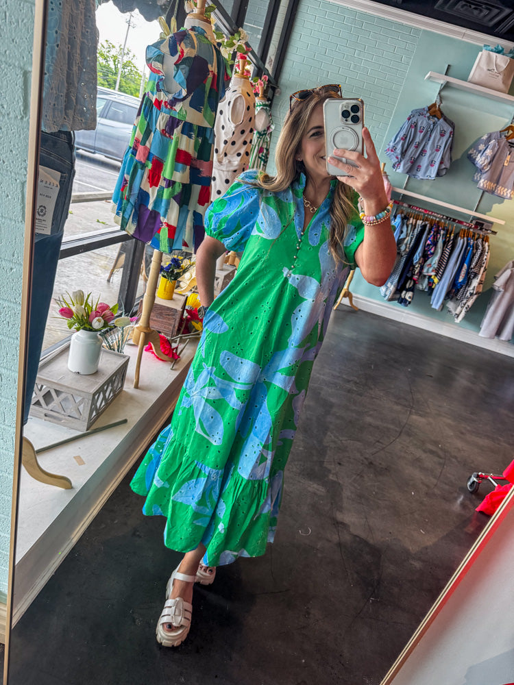 Entro Blue and Green Floral Maxi Dress Mirror Selfie