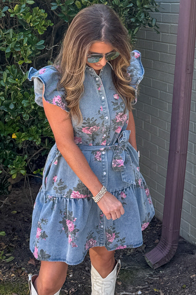 Entro Denim Floral Dress Close Up