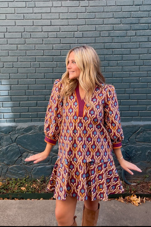 Entro Wine Drop Waist Dress with Half Sleeves & Patterned Design – Simply Dixie Boutique Medium