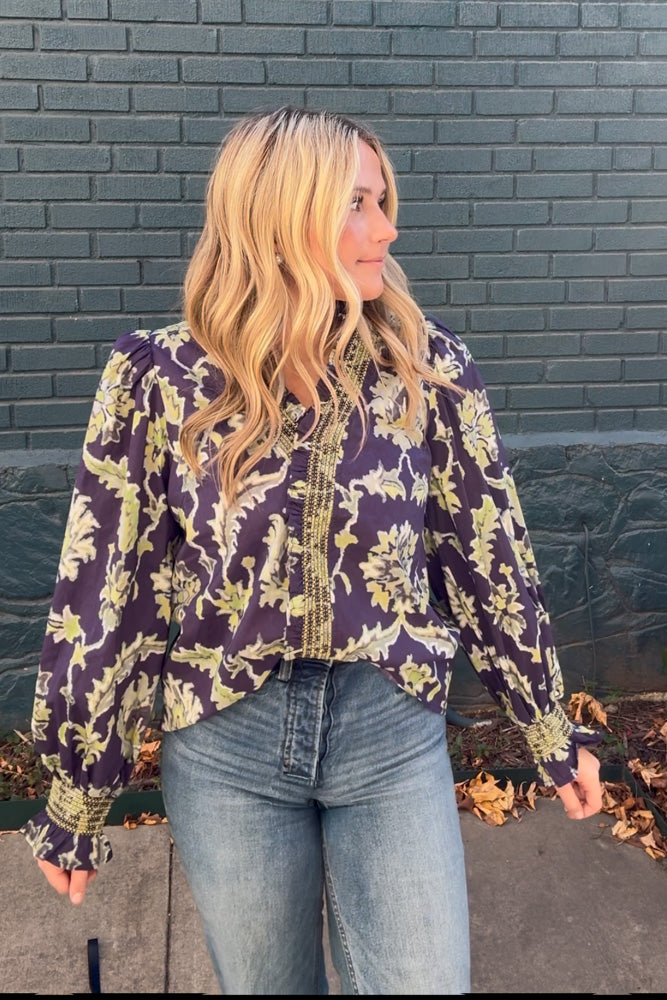 Entro Navy Leaf Top with green trim