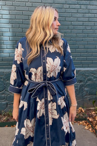 Entro Belted Floral Midi Dress blue