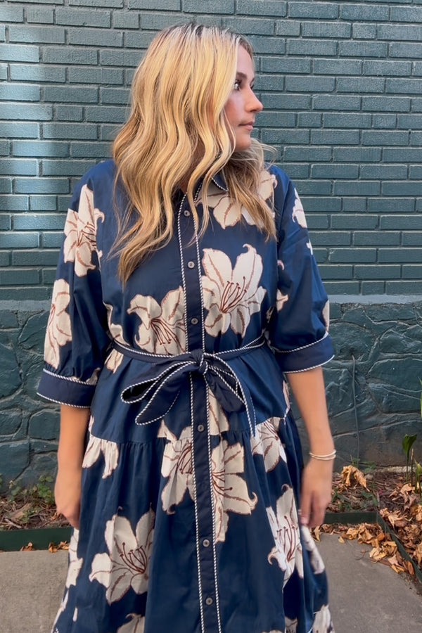 Entro Belted Floral Midi Dress blue