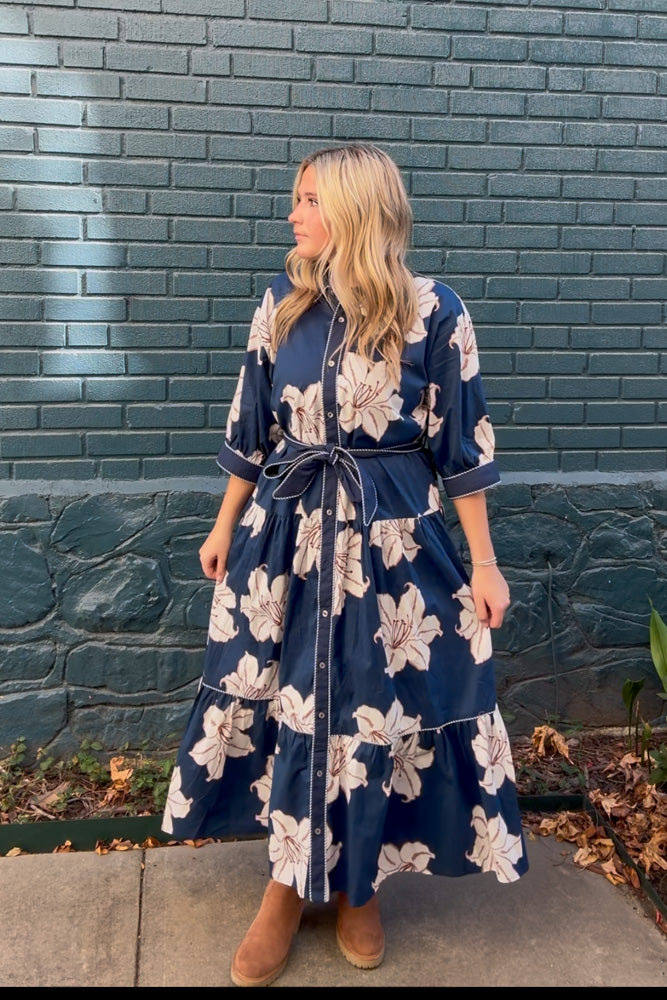 Entro Belted Floral Midi Dress