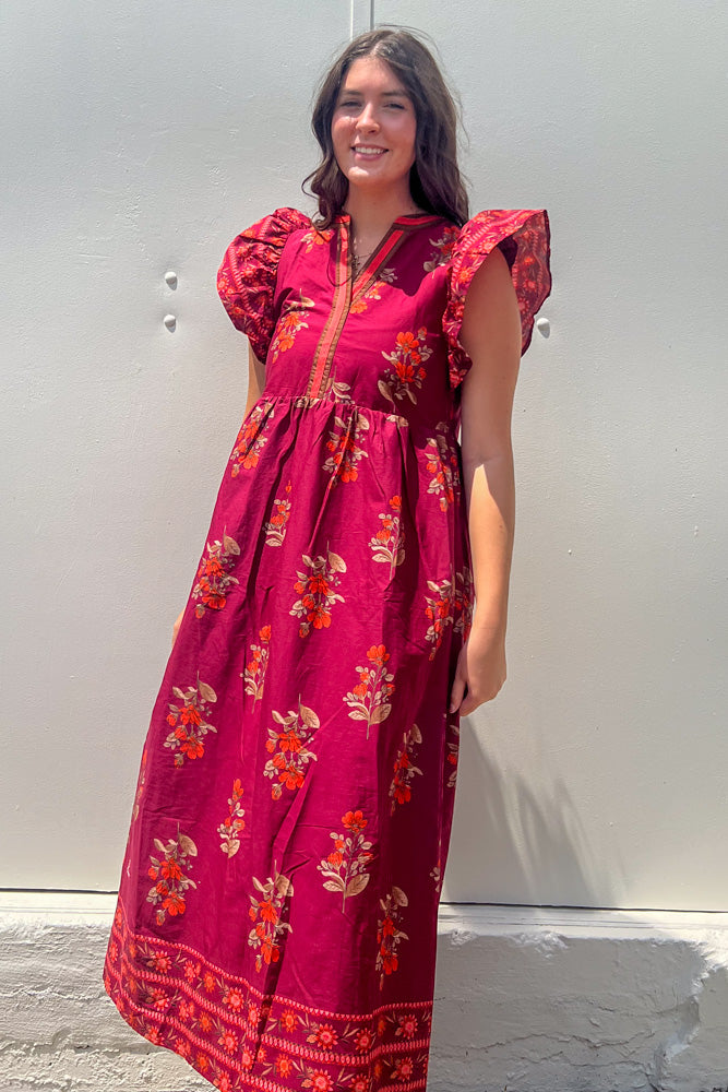 Entro Fall Floral Midi Dress Garnet