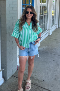 Entro Green Striped Button Up Top Tucked