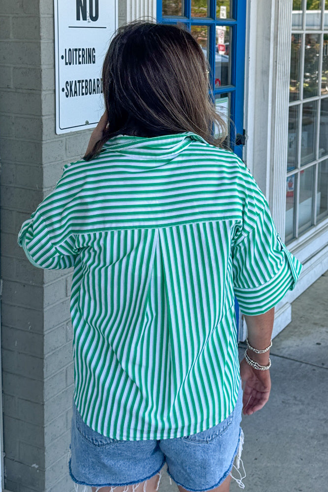 Entro Green Striped Button Up Top Back