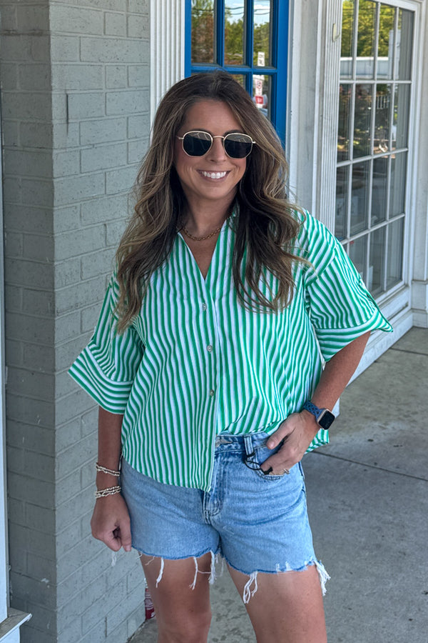 Entro Green Striped Button Up Top