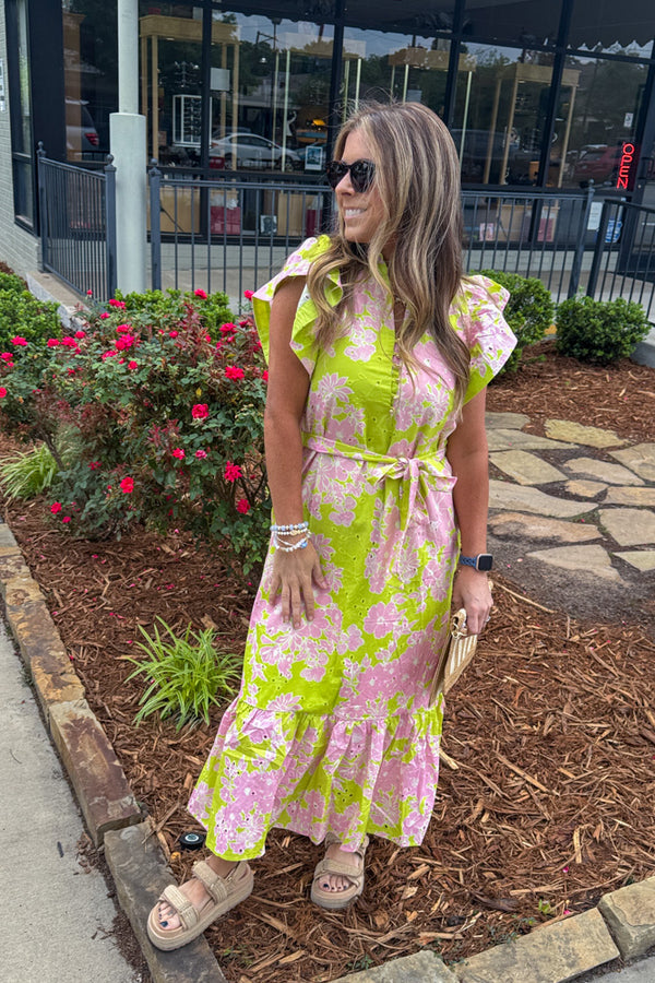 Entro Green and Pink Floral Maxi Dress