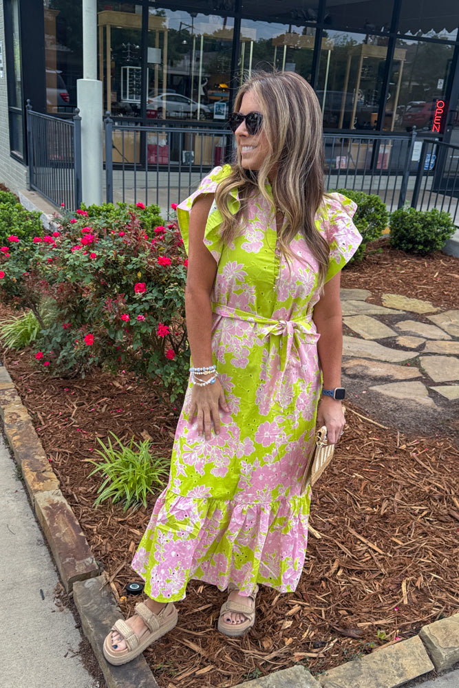 Entro Green and Pink Floral Maxi Dress