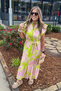 Entro Green and Pink Floral Maxi Dress With Belt tie