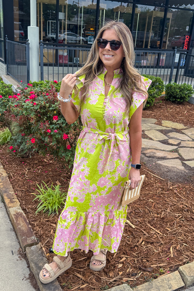 Entro Green and Pink Floral Maxi Dress With Belt tie