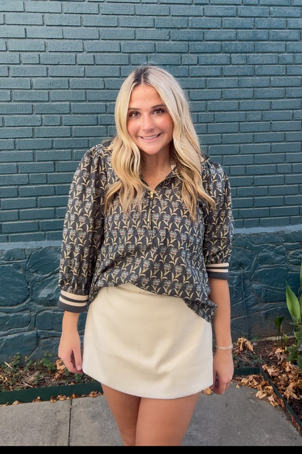 Entro Half Zip Floral Print Collared Top