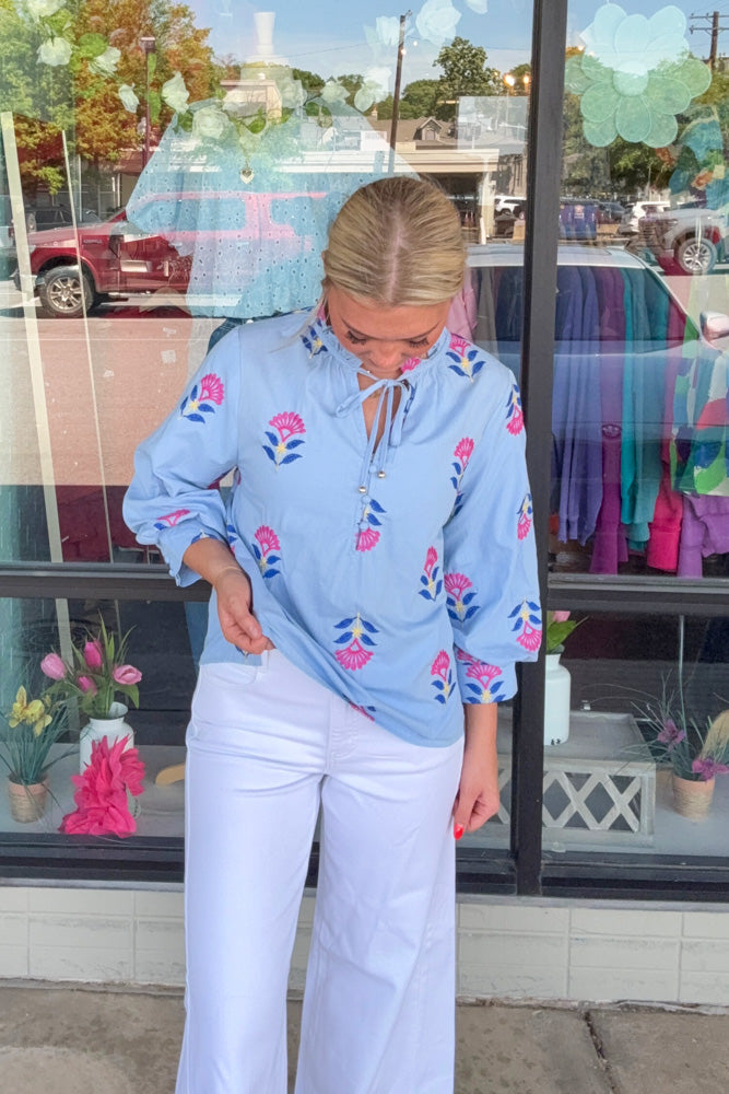 Botanical Beauty 3/4 Sleeve Top-Chambray
