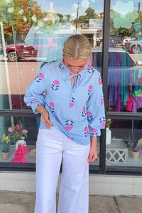 Botanical Beauty 3/4 Sleeve Top-Chambray