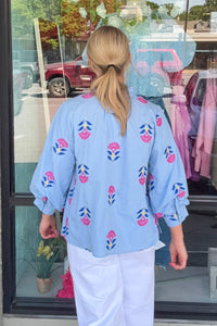 Botanical Beauty 3/4 Sleeve Top-Chambray