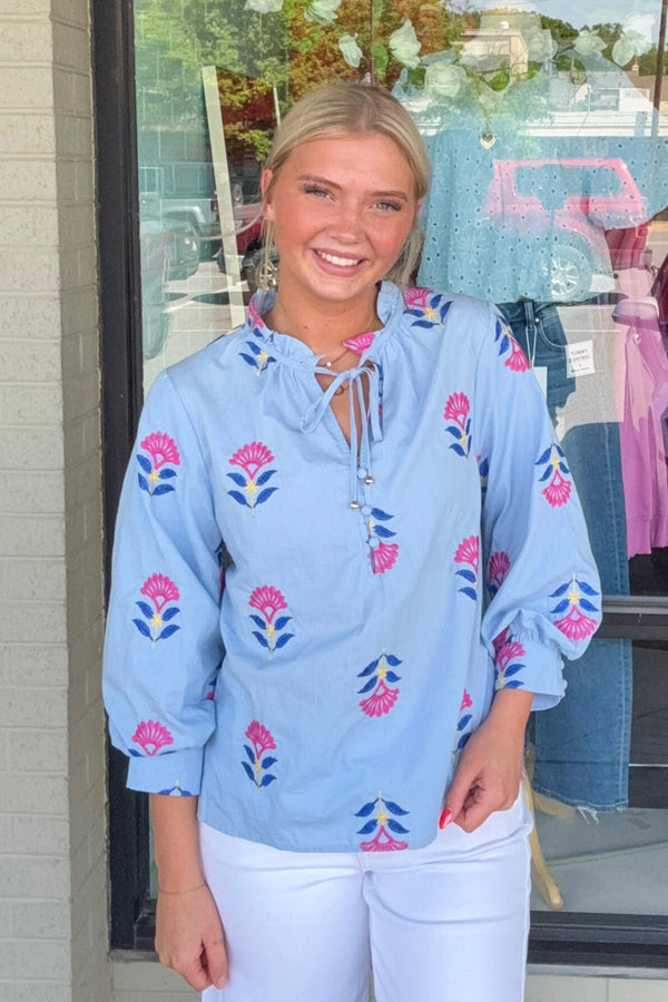 Botanical Beauty 3/4 Sleeve Top-Chambray