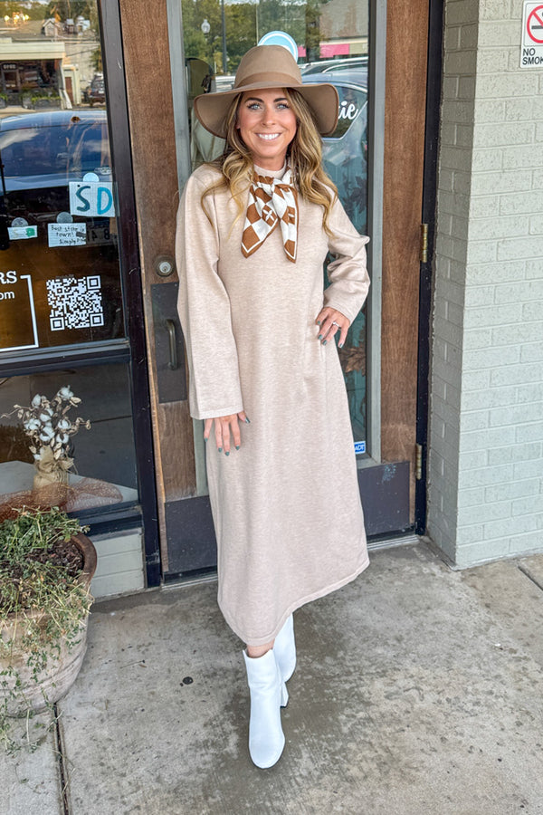 Entro Tan Mock Neck Midi Dress