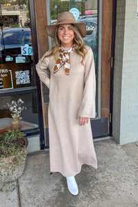 Entro Tan Mock Neck Sweater Midi Dress