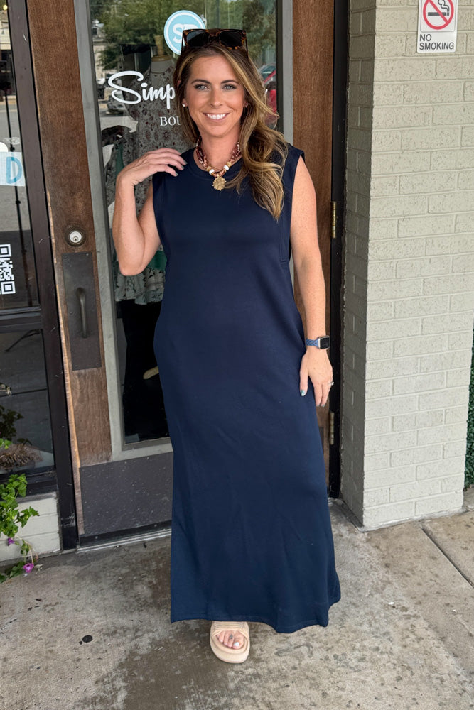 SALE-Solid Jersey Knit Midi Dress-Navy