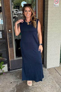 SALE-Solid Jersey Knit Midi Dress-Navy