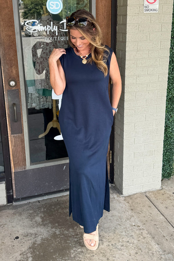SALE-Solid Jersey Knit Midi Dress-Navy