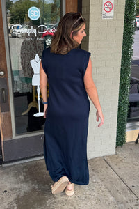 SALE-Solid Jersey Knit Midi Dress-Navy