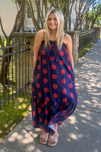 Navy and Red Polka Dot Maxi Dress