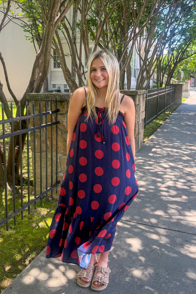 Entro Navy and Red Polka Dot Maxi Dress