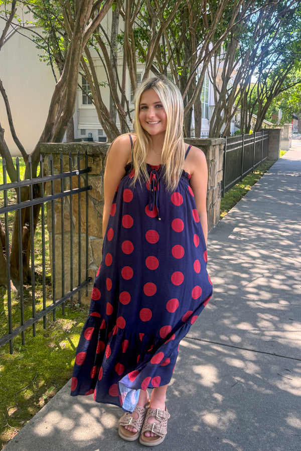 Entro Navy and Red Polka Dot Maxi Dress