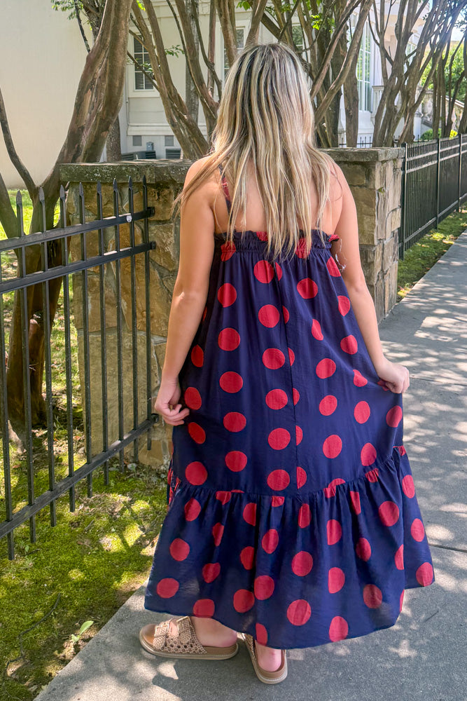 Navy and Red Polka Dot Maxi Dress back