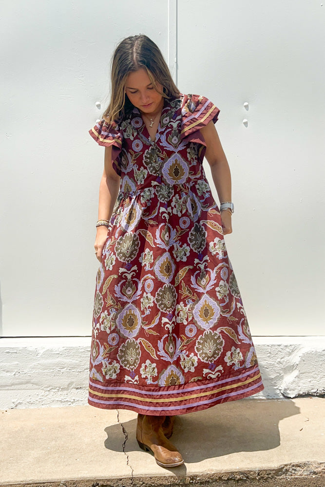 Entro Paisly Midi Dress Red Bean
