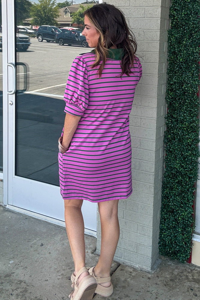 Striped Puff Sleeve Knit Dress Orchid Green Simply Dixie Boutique