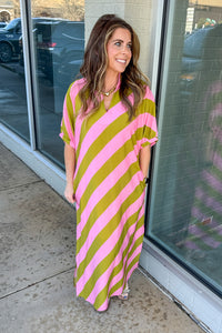 Pink and Green Diagonal Striped Dress