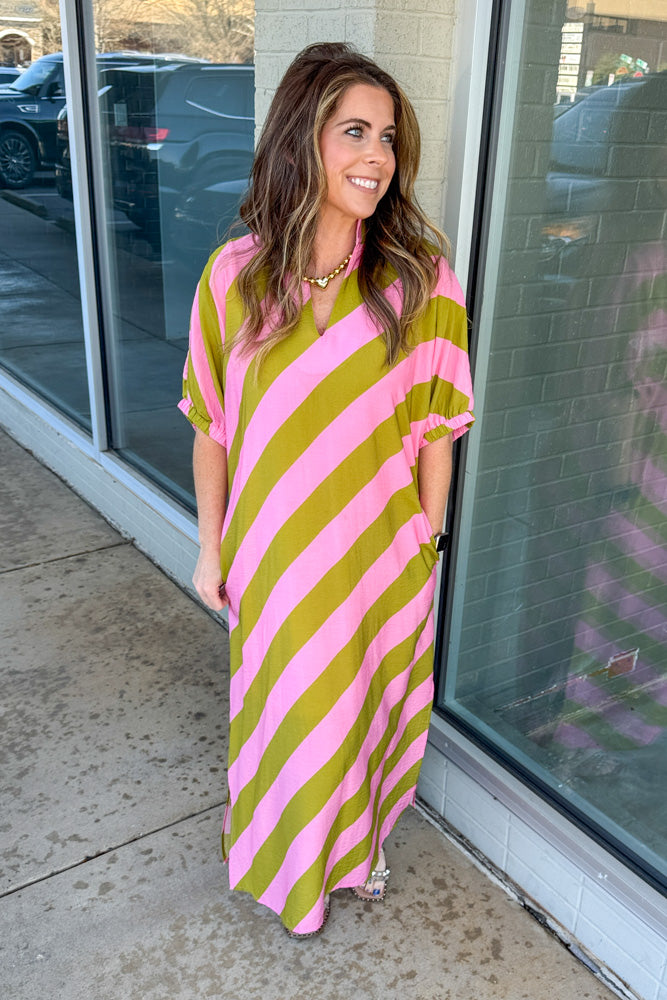 Pink and Green Diagonal Striped Dress