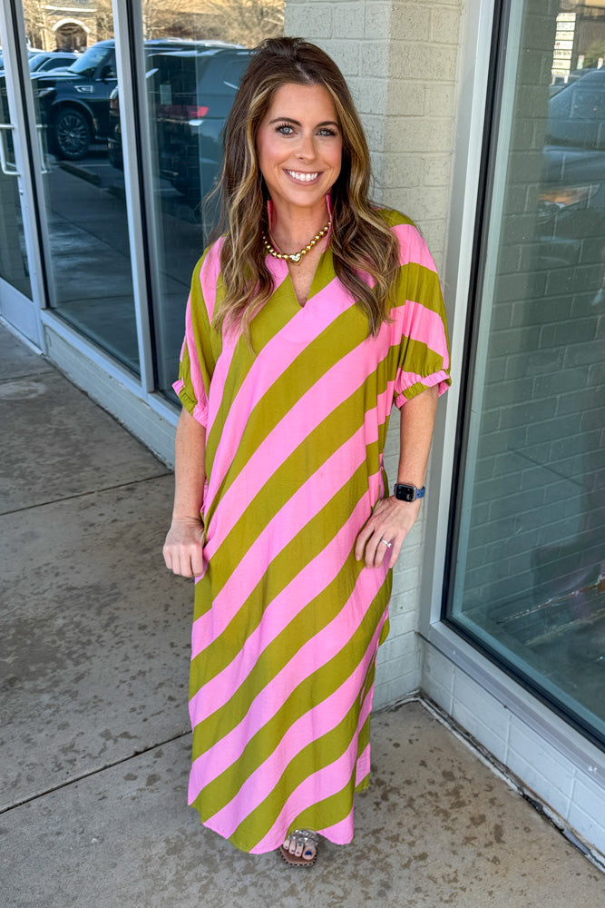 Entro Pink and Kiwi Maxi Striped Dress