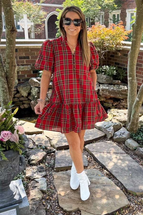 Red Plaid Entro Drop Waist Dress