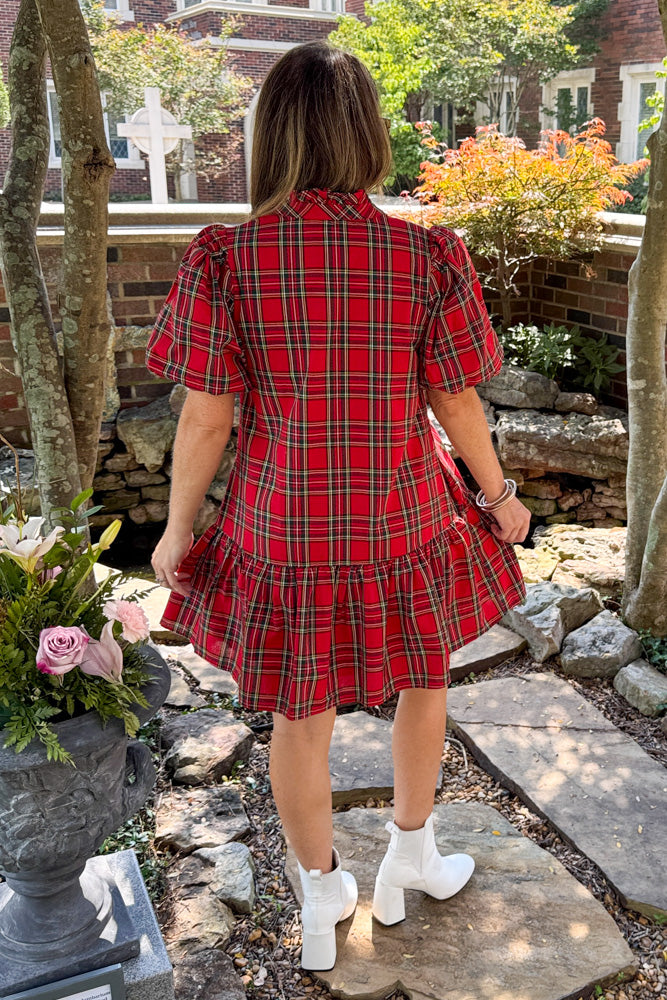 Red Plaid Entro Drop Waist Dress Back