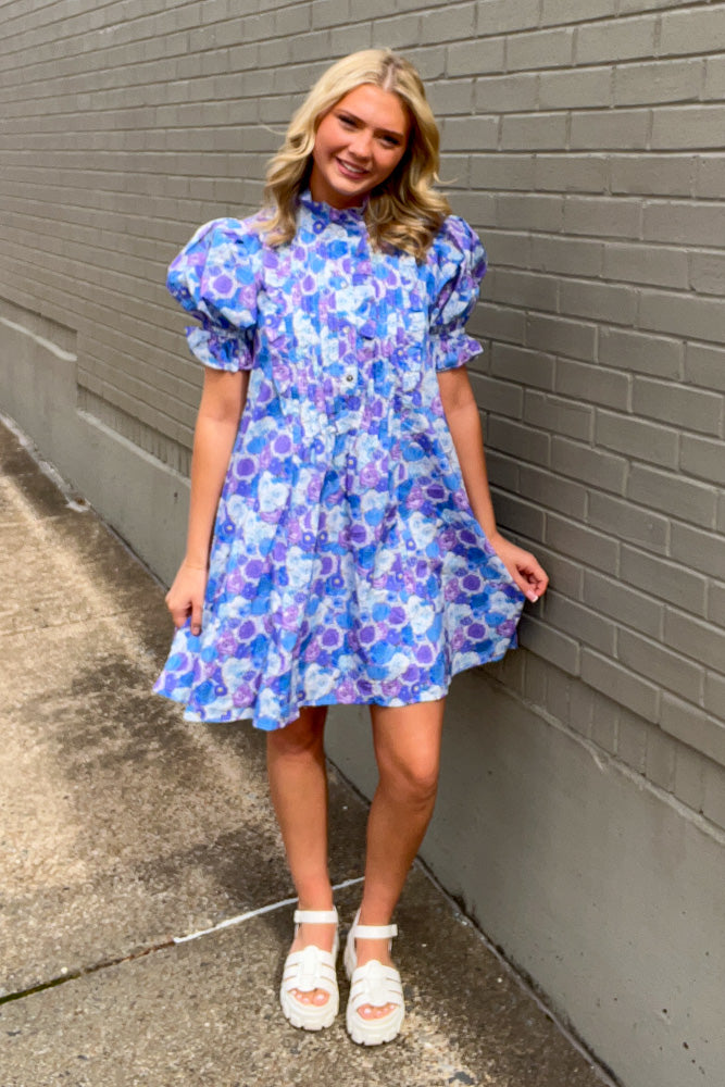 Entro Blue and Purple Puff Sleeve Dress