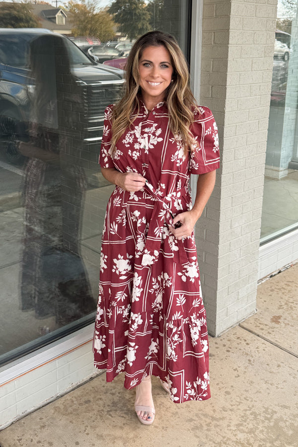 Entro Red Bean Midi Dress belt tie