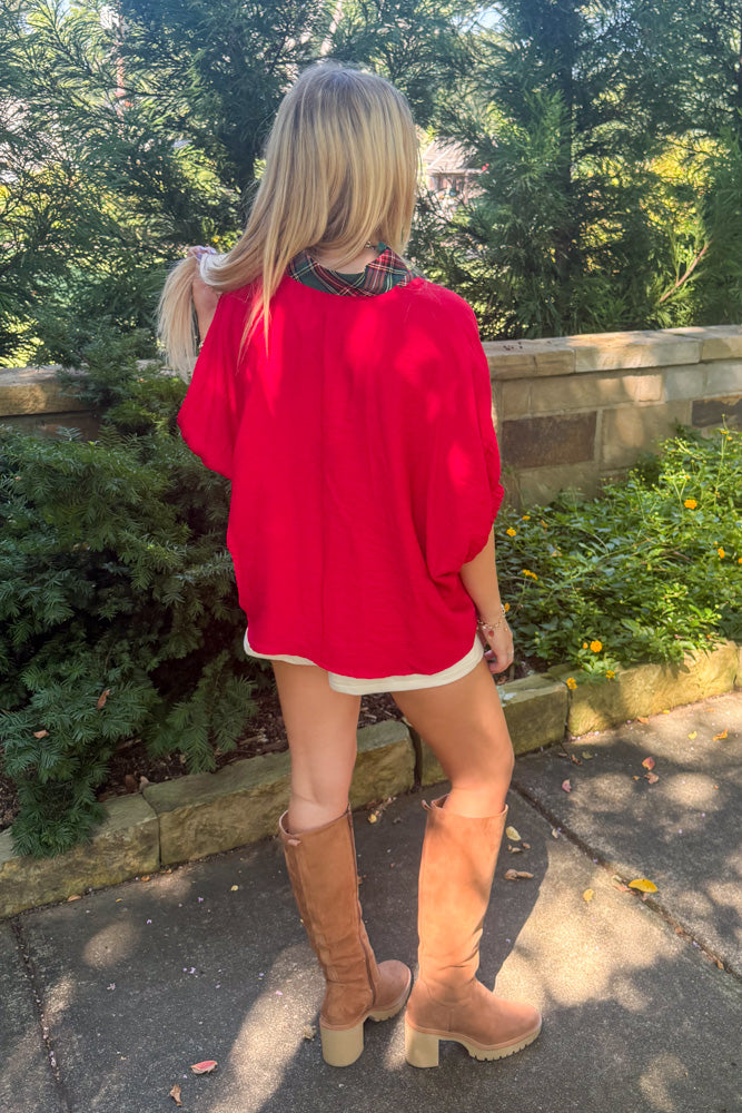 Entro Red Top with plaid trim back