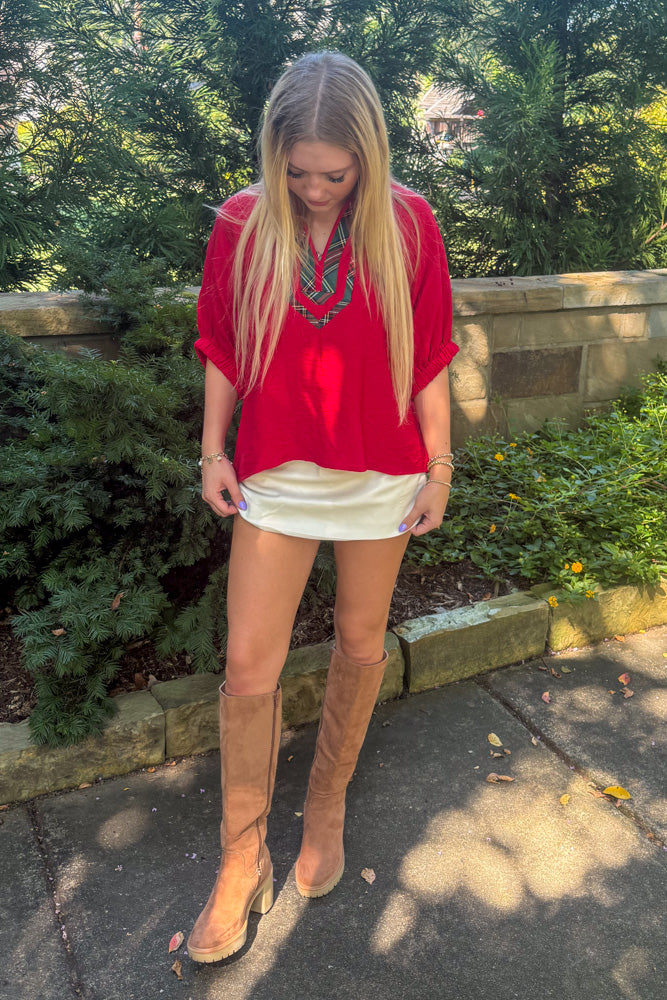 Entro Red Top with plaid trim