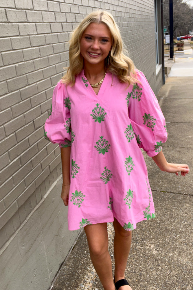 Entro Pink Embroidered Shift Dress 3/4 sleeves