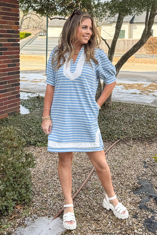 Entro Blue and White Puff Sleeve Dress