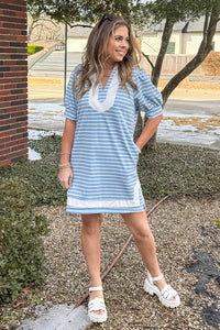 Entro Blue and White Puff Sleeve Dress